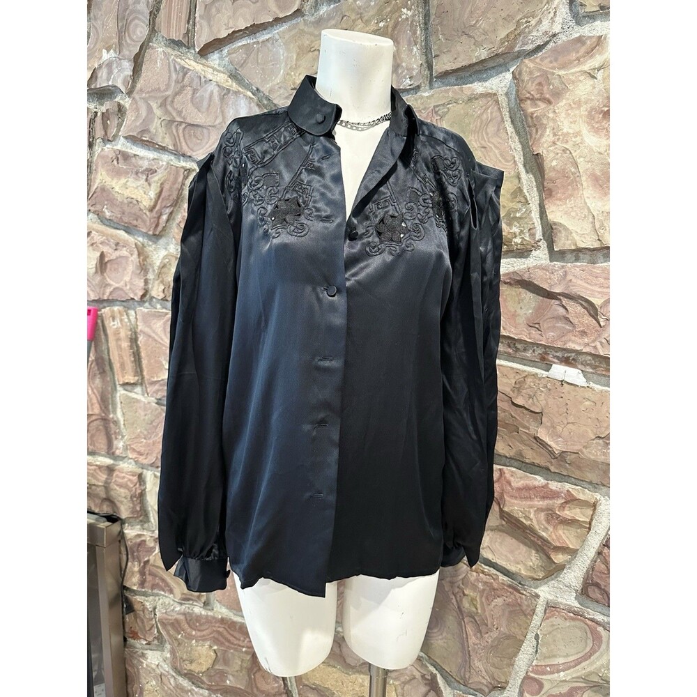 Vintage Oscar de la Renta Old money Silk Pleated Pintuck Front Embroid Black 36